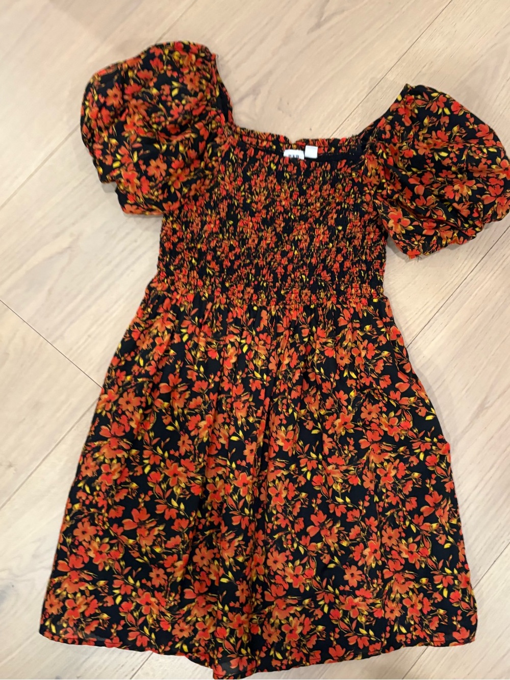 GAP Black Dress with Orange Floral Print - Puff Sleeve